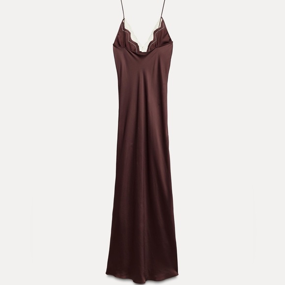 Zara viral chocolate brown maxi slip dress with lace neckline - size Large (L) - Picture 7 of 10